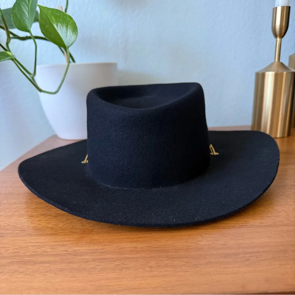 NWT Van Palma Black Wide-Brim Wool Fedora with Gold Chain Accent From France